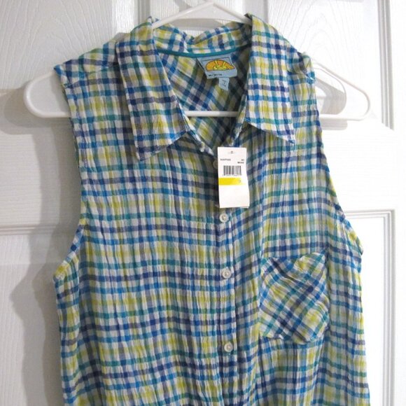 C&C California Mirage Waist-Tie Sleeveless Crinkle Shirt Top Size M Hi-Low Hem - Picture 3 of 10